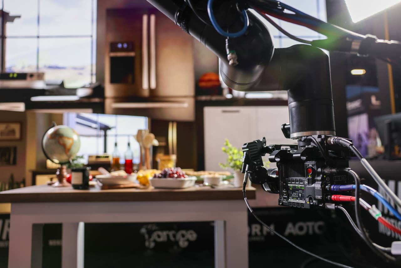 Robotic camera arm filming on LED wall — interactive production environment